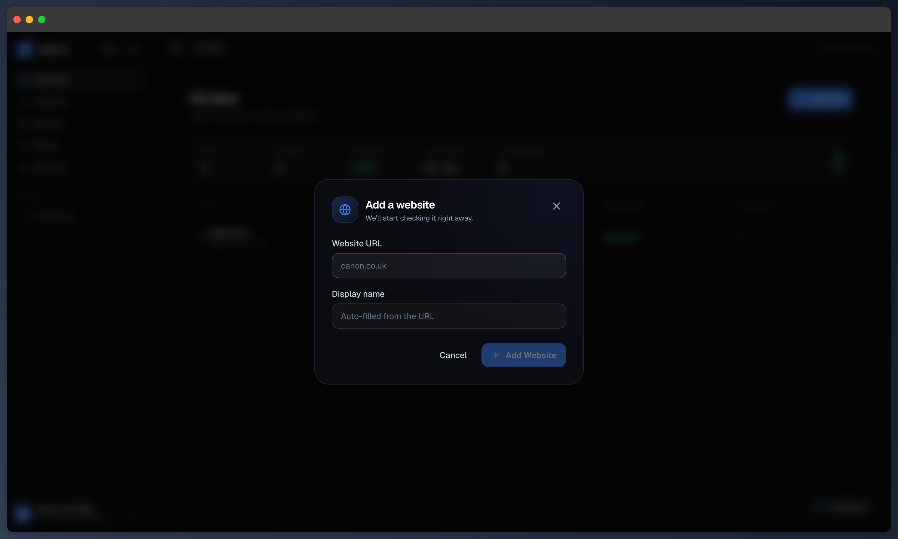 Uptura's Add a website dialog — enter a URL and an optional display name to start monitoring