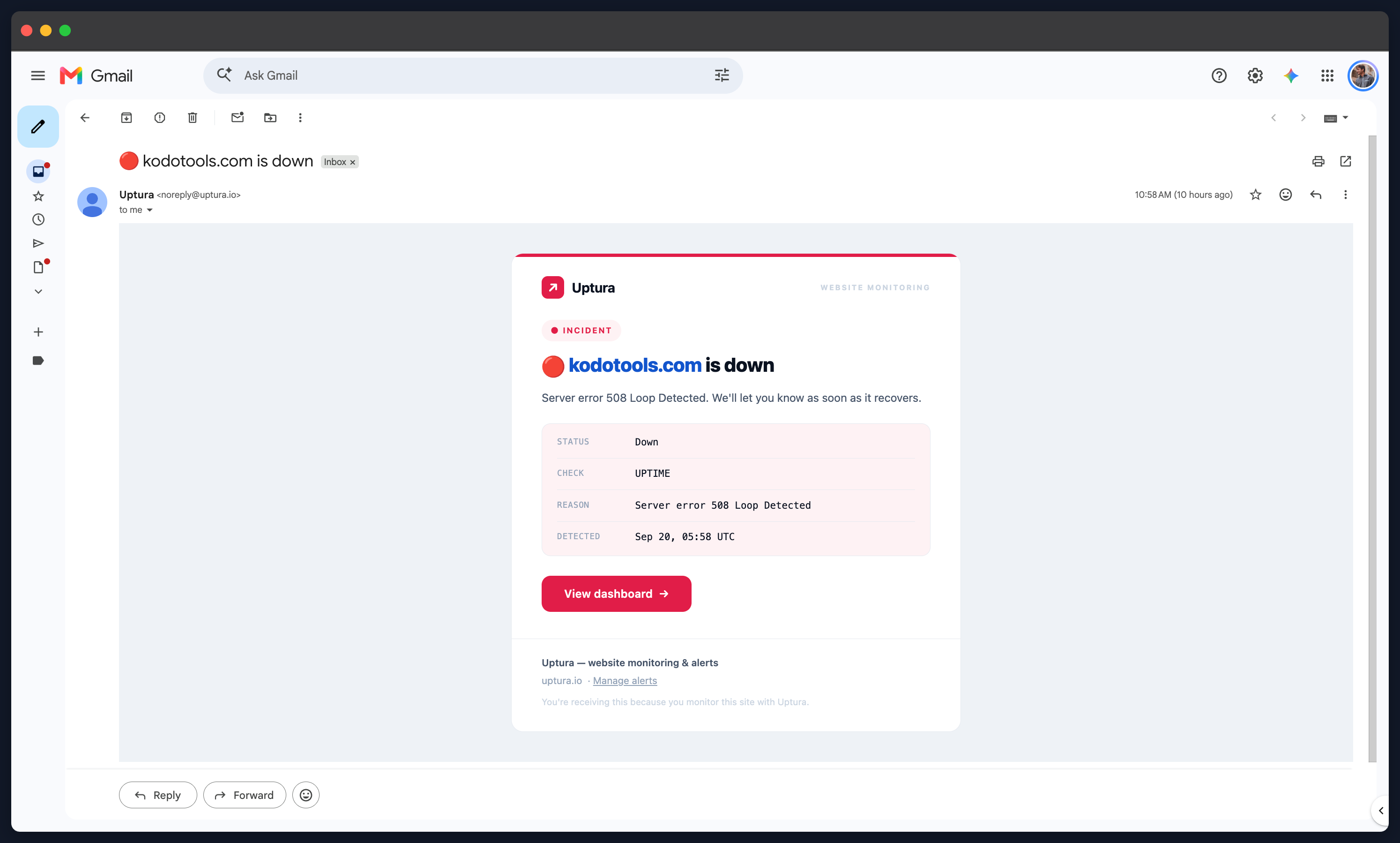 An Uptura down-alert email showing the affected site, the failing check, the reason, and when it was detected