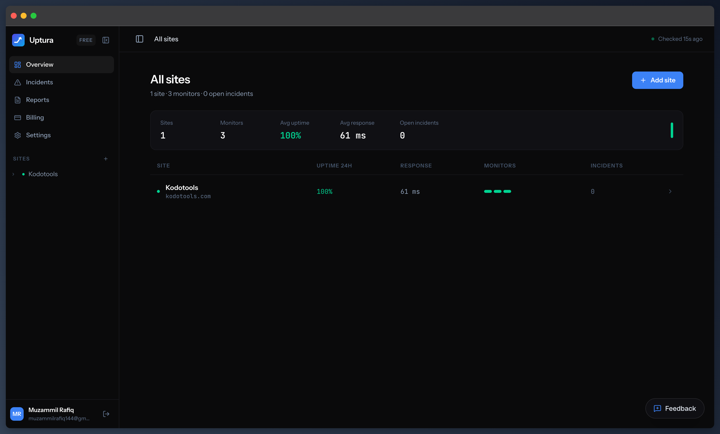 Uptura's overview dashboard listing every monitored site with its uptime, response time, and open incidents