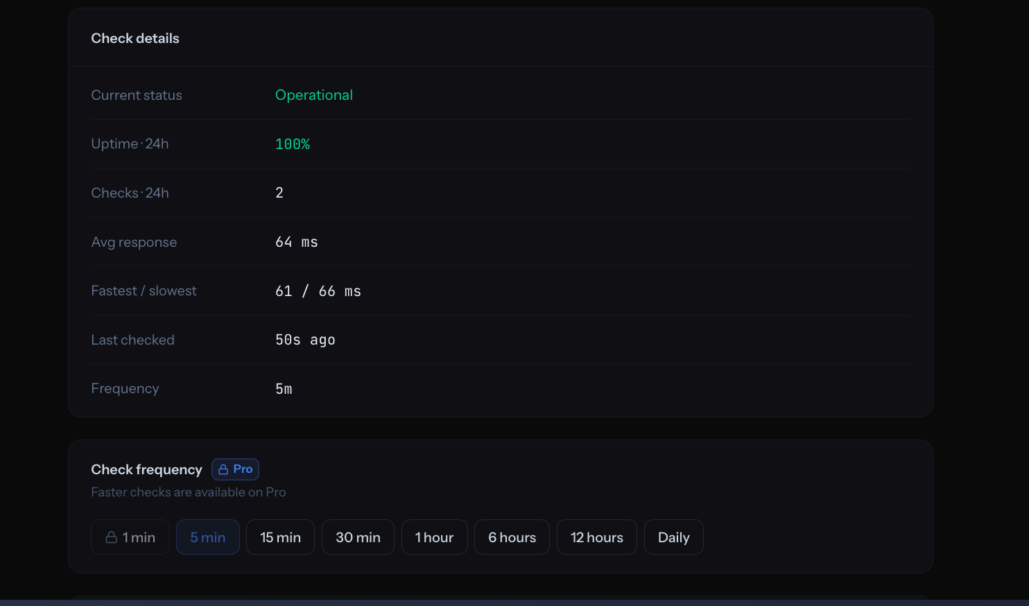 Uptura's check frequency selector — options from every 1 minute up to daily — beside a check details panel