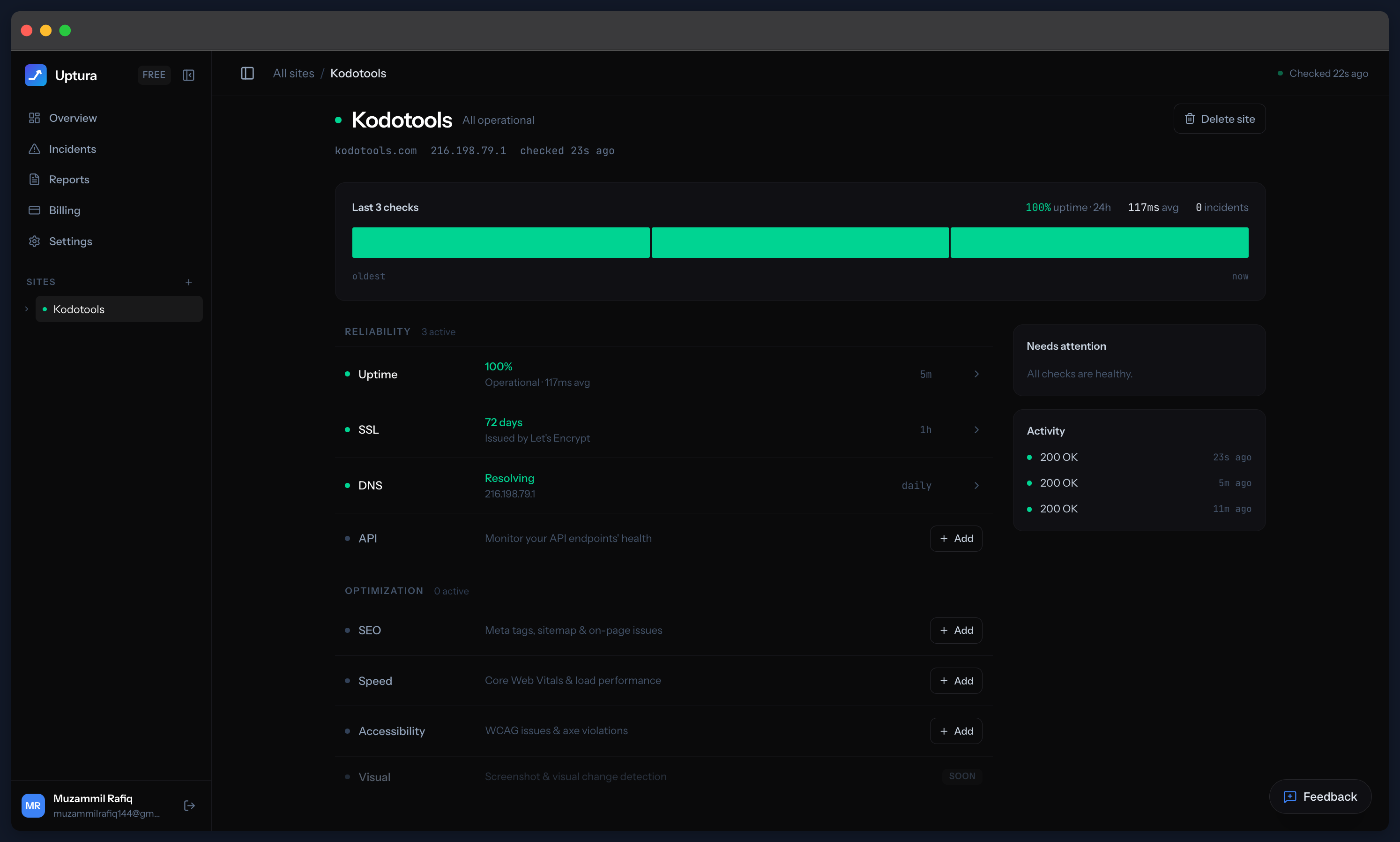 A site's detail view in Uptura showing uptime, SSL, DNS and other checks, each with its current status