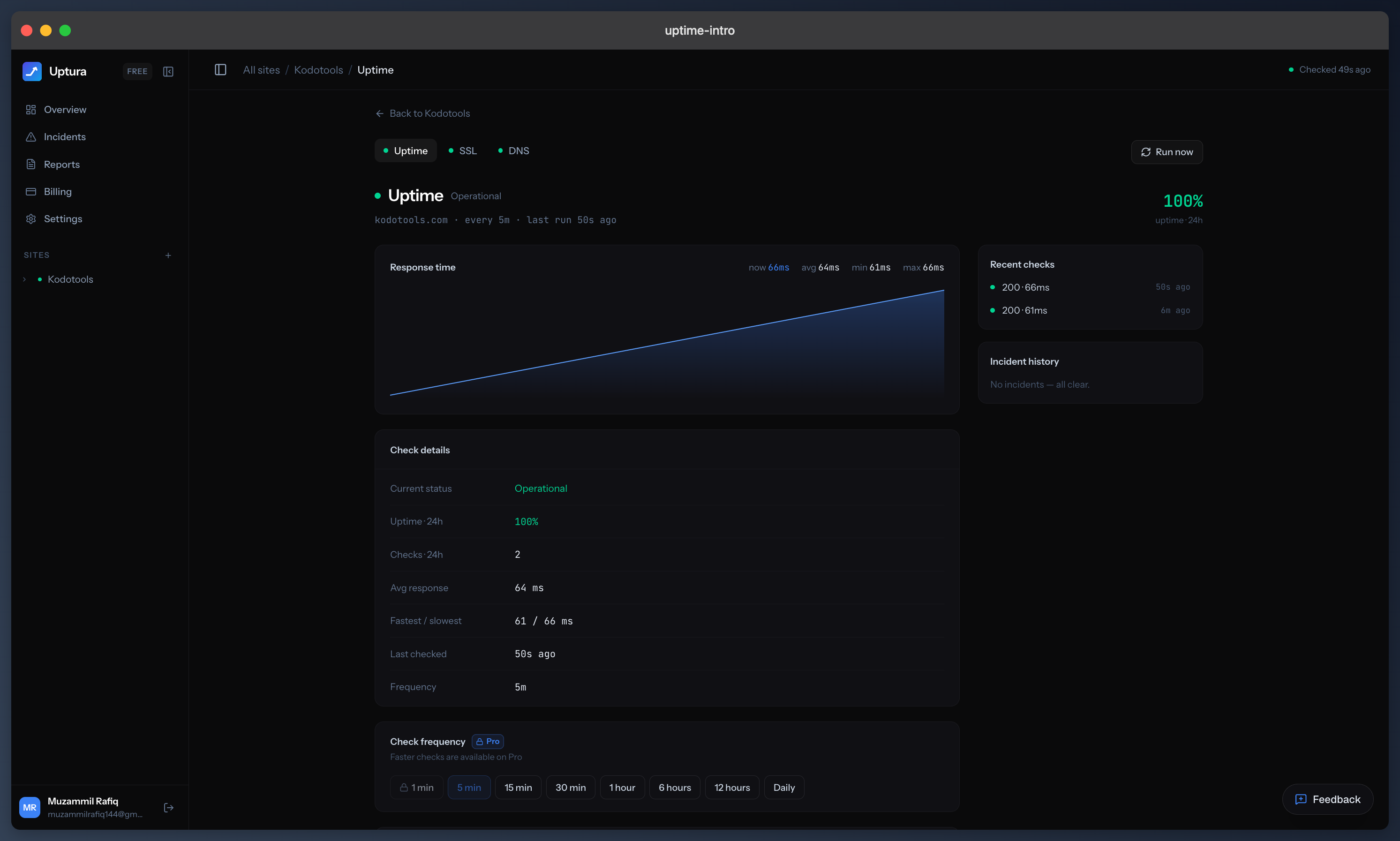 An Uptura uptime monitor showing a response-time graph, uptime percentage, and recent check history